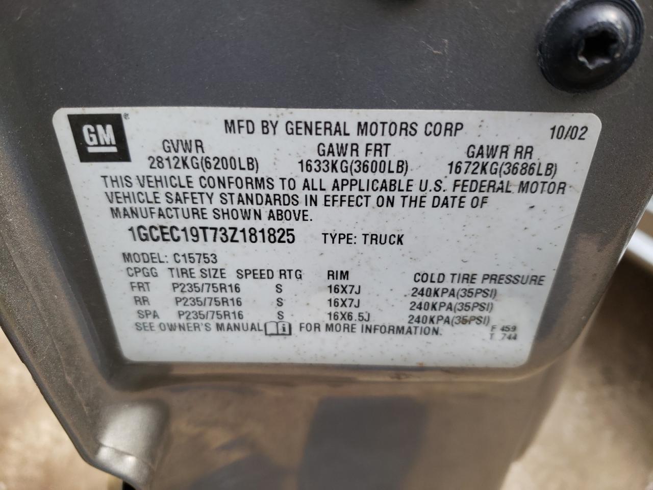Photo 10 from auction – 2003 CHEVROLET SILVERADO with VIN 1GCEC19T73Z181825