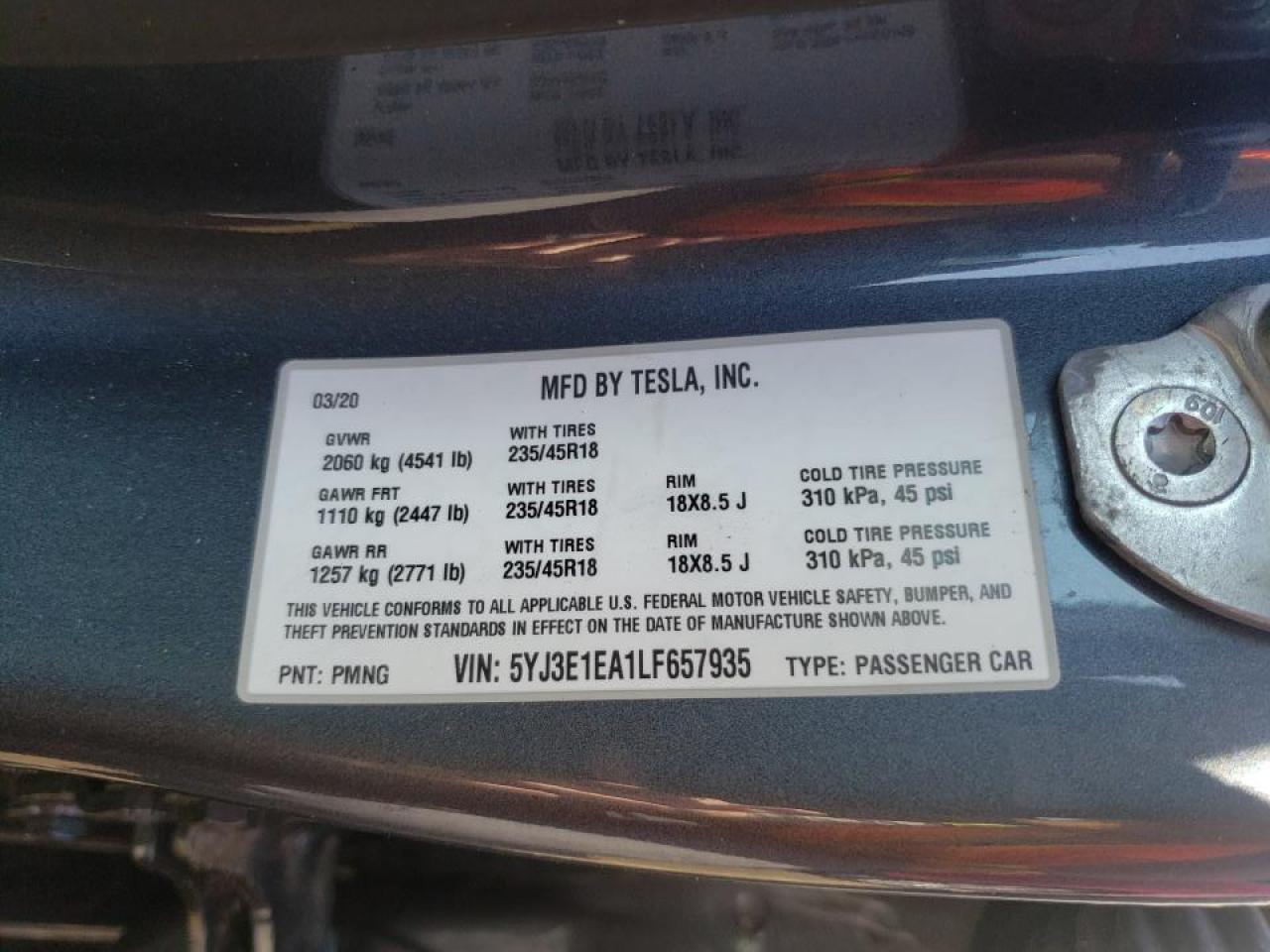 Photo 10 from auction – 2020 TESLA MODEL 3 with VIN 5YJ3E1EA1LF657935
