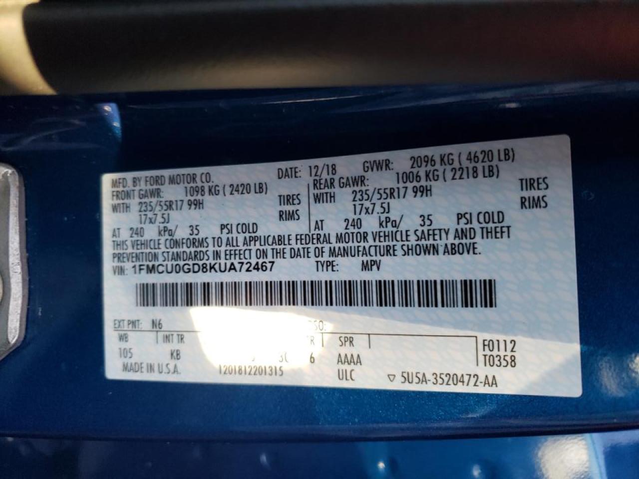 Photo 10 from auction – 2019 FORD ESCAPE SE with VIN 1FMCU0GD8KUA72467
