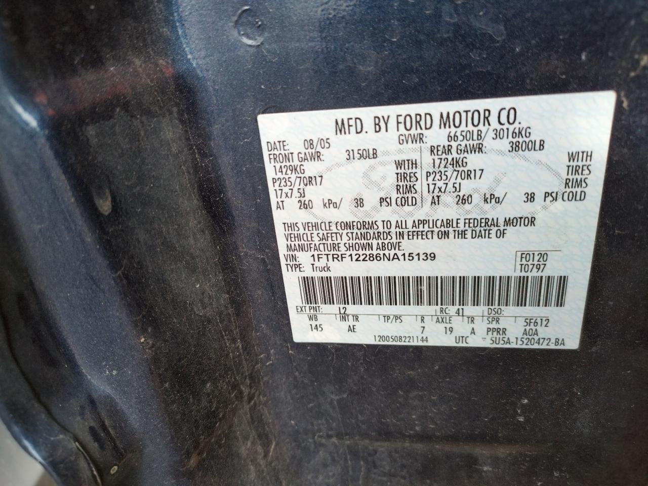 Photo 10 from auction – 2006 FORD F150 with VIN 1FTRF12286NA15139