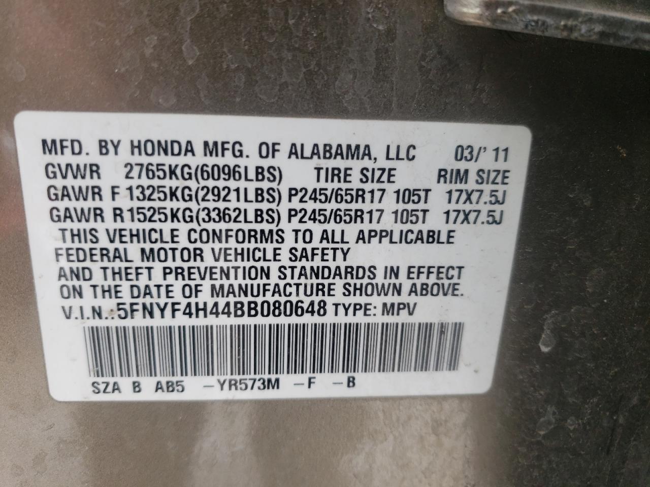 Photo 10 from auction – 2011 HONDA PILOT EX with VIN 5FNYF4H44BB080648