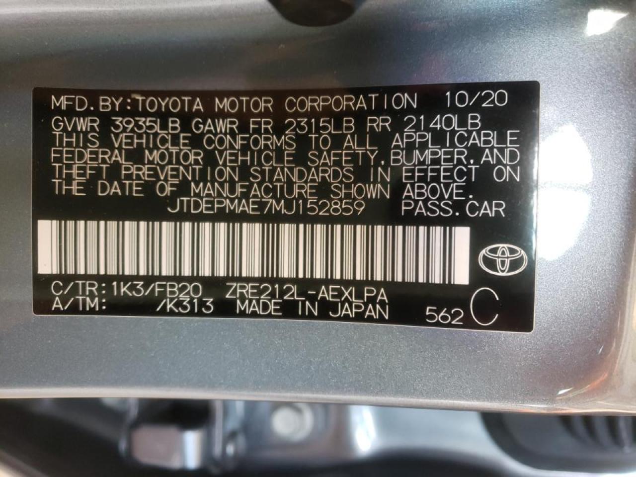 Photo 10 from auction – 2021 TOYOTA COROLLA LE with VIN JTDEPMAE7MJ152859