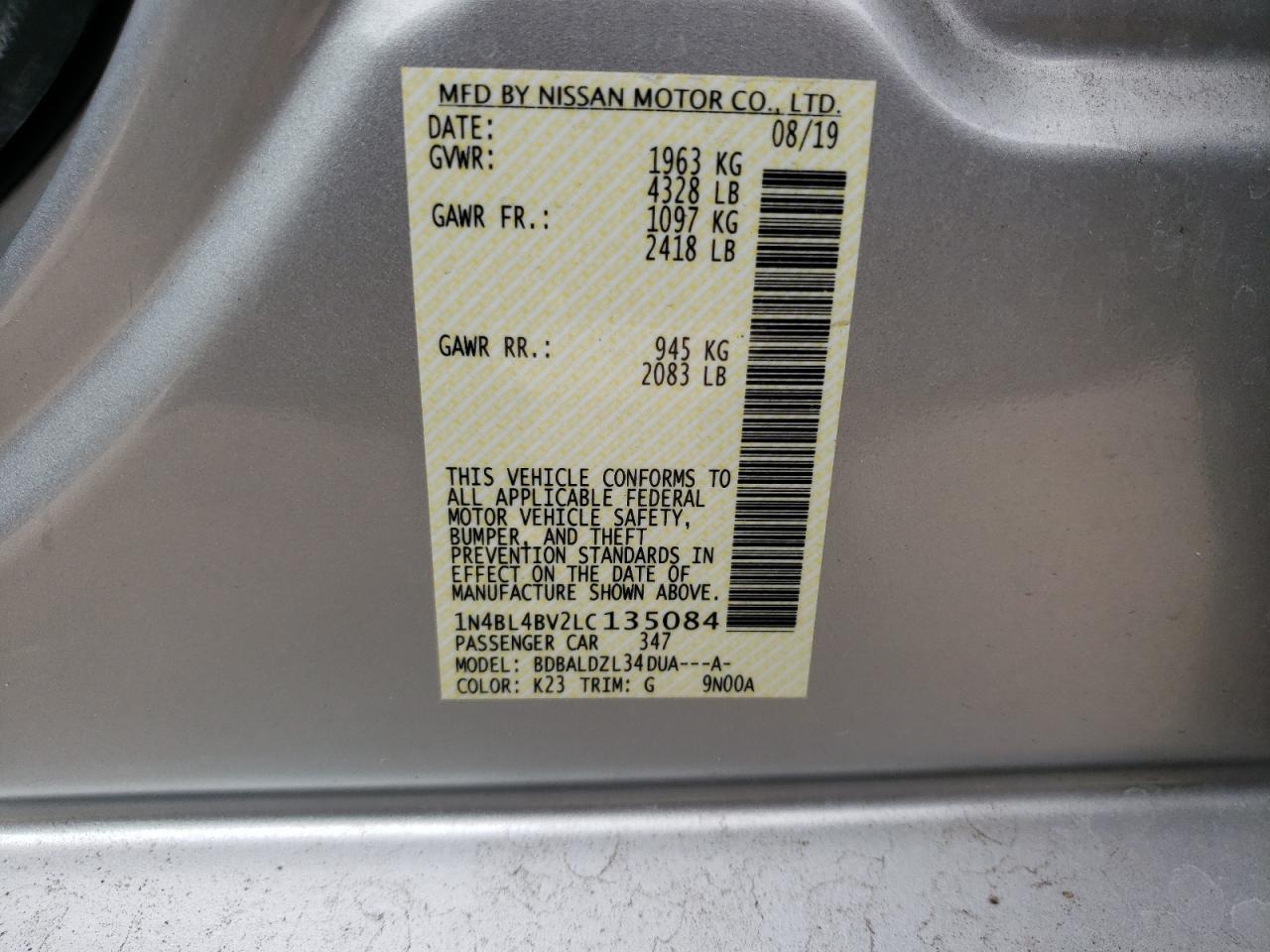 Photo 10 from auction – 2020 NISSAN ALTIMA S with VIN 1N4BL4BV2LC135084