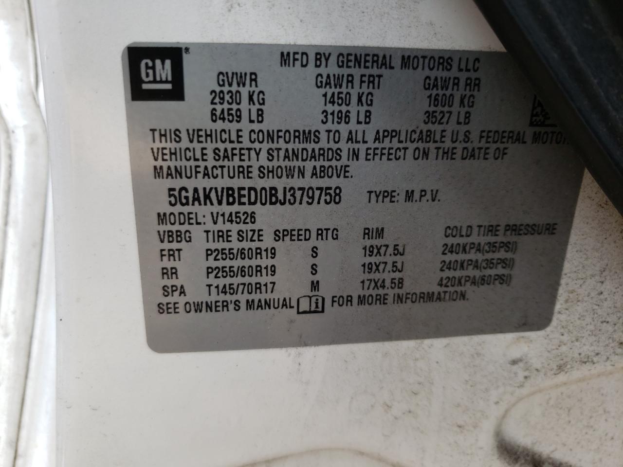 Photo 10 from auction – 2011 BUICK ENCLAVE CX with VIN 5GAKVBED0BJ379758