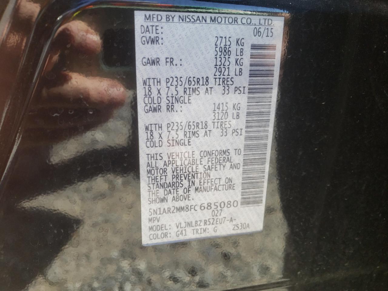 Photo 10 from auction – 2015 NISSAN PATHFINDER with VIN 5N1AR2MM8FC685080