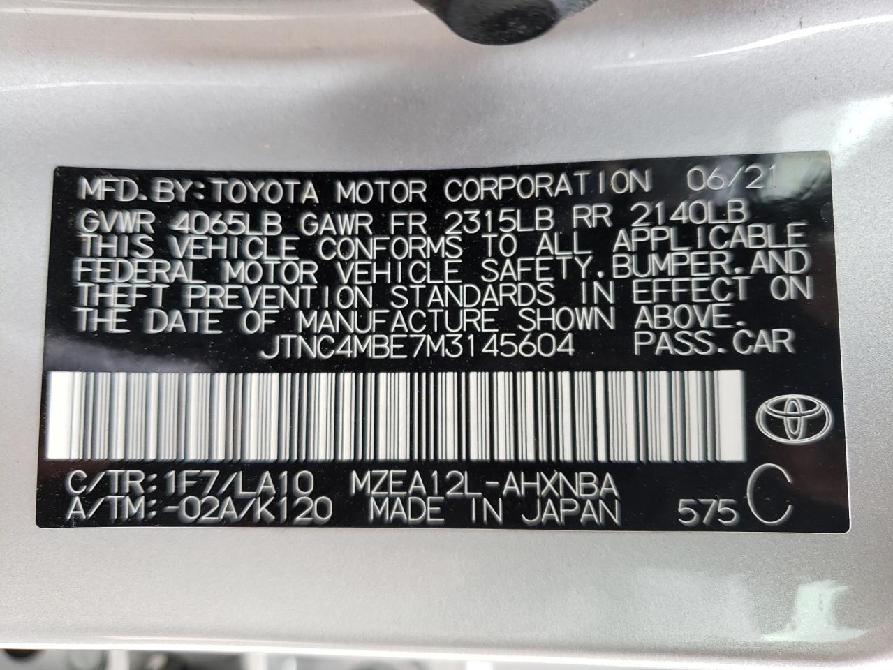 Photo 10 from auction – 2021 TOYOTA COROLLA XS with VIN JTNC4MBE7M3145604