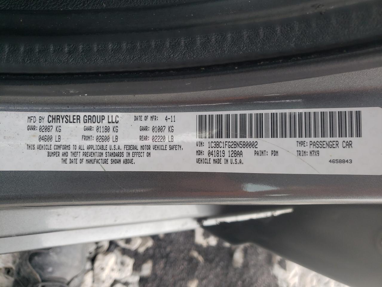 Photo 10 from auction – 2011 CHRYSLER 200 TOURIN with VIN 1C3BC1FG2BN580002