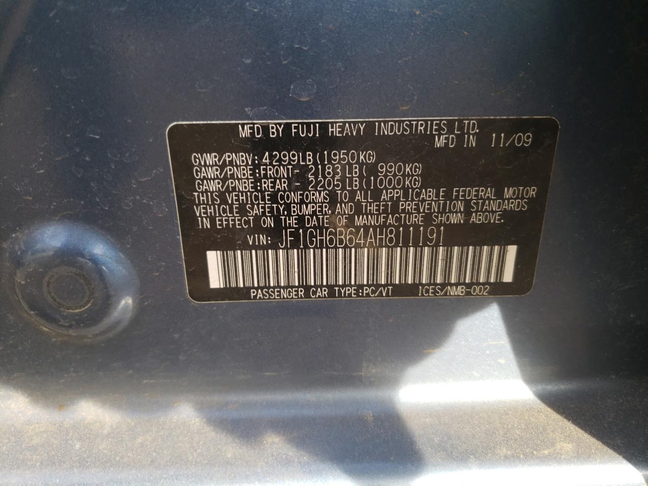 Photo 10 from auction – 2010 SUBARU IMPREZA 2. with VIN JF1GH6B64AH811191