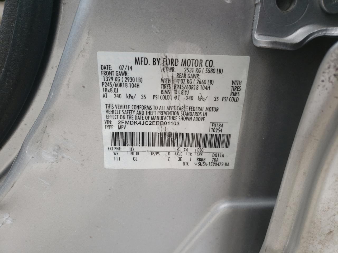 Photo 10 from auction – 2014 FORD EDGE SEL with VIN 2FMDK4JC2EBB01103