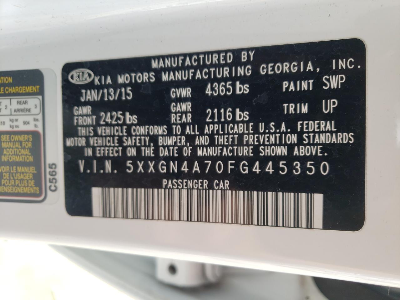 Photo 10 from auction – 2015 KIA OPTIMA EX with VIN 5XXGN4A70FG445350