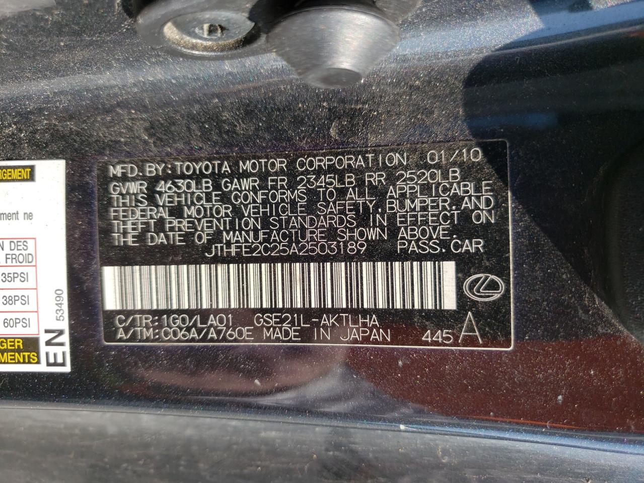 Photo 10 from auction – 2010 LEXUS IS350 with VIN JTHFE2C25A2503189