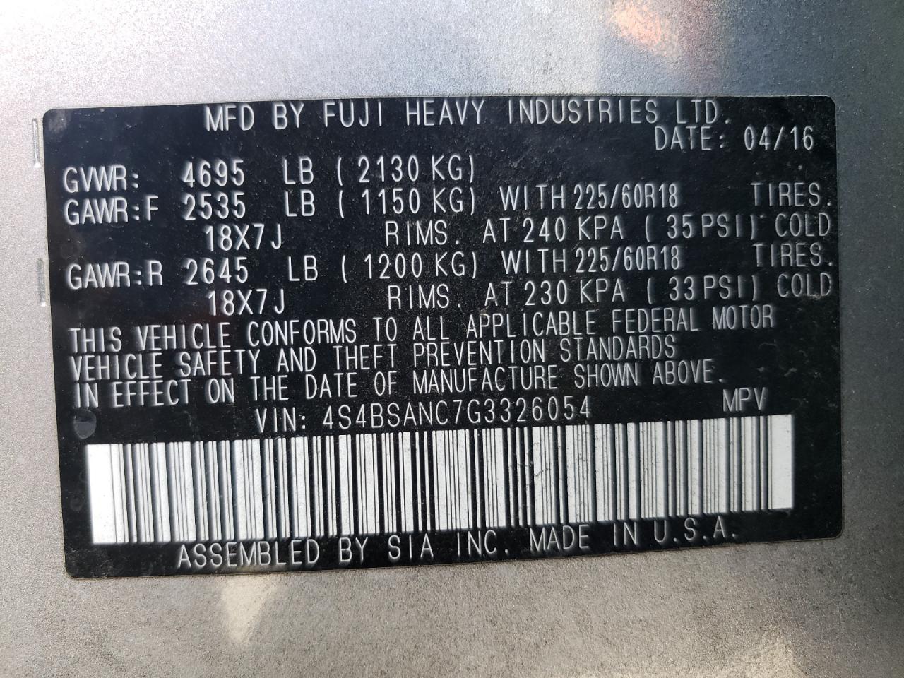 Photo 10 from auction – 2016 SUBARU OUTBACK 2. with VIN 4S4BSANC7G3326054