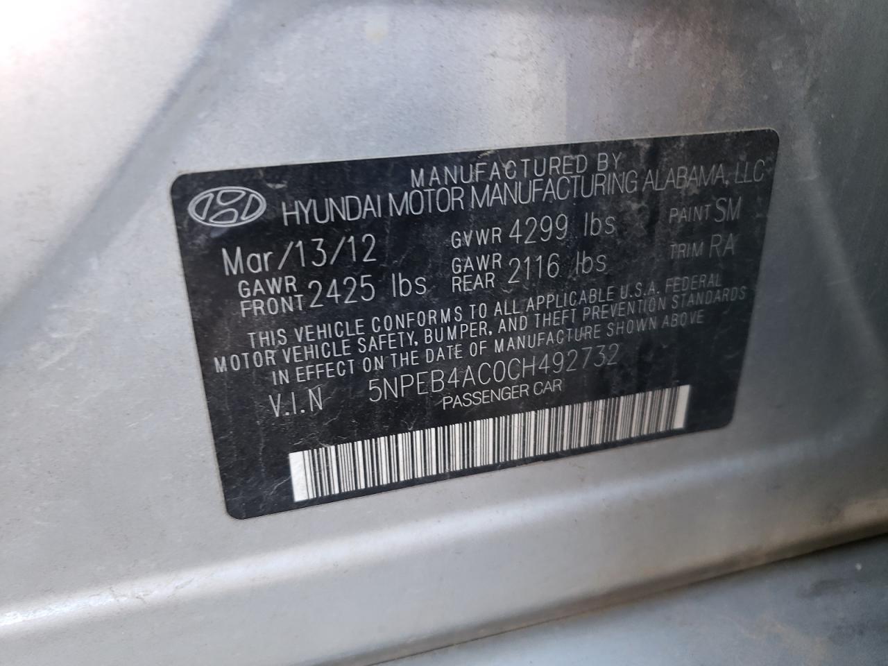 Photo 10 from auction – 2012 HYUNDAI SONATA GLS with VIN 5NPEB4AC0CH492732