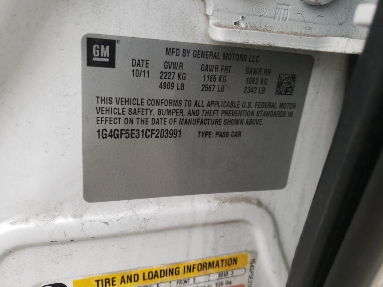 Zdjęcie 10 z aukcji – 2012 BUICK LACROSSE P z VIN 1G4GF5E31CF203991