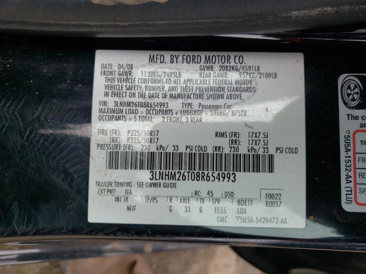 Photo 10 from auction – 2008 LINCOLN MKZ with VIN 3LNHM26T08R654993