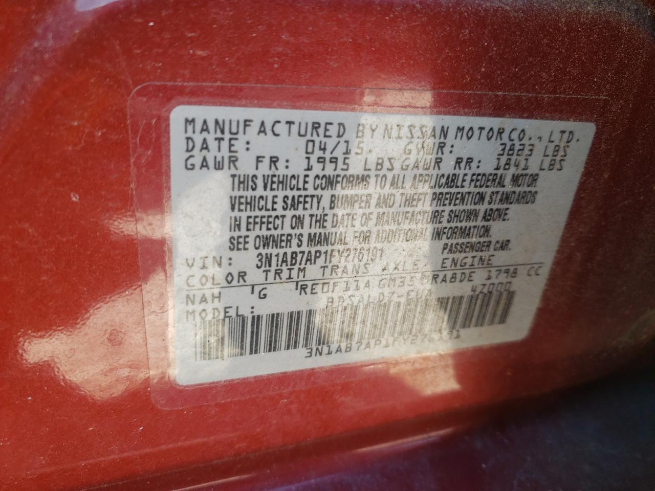 Photo 10 from auction – 2015 NISSAN SENTRA S with VIN 3N1AB7AP1FY276191