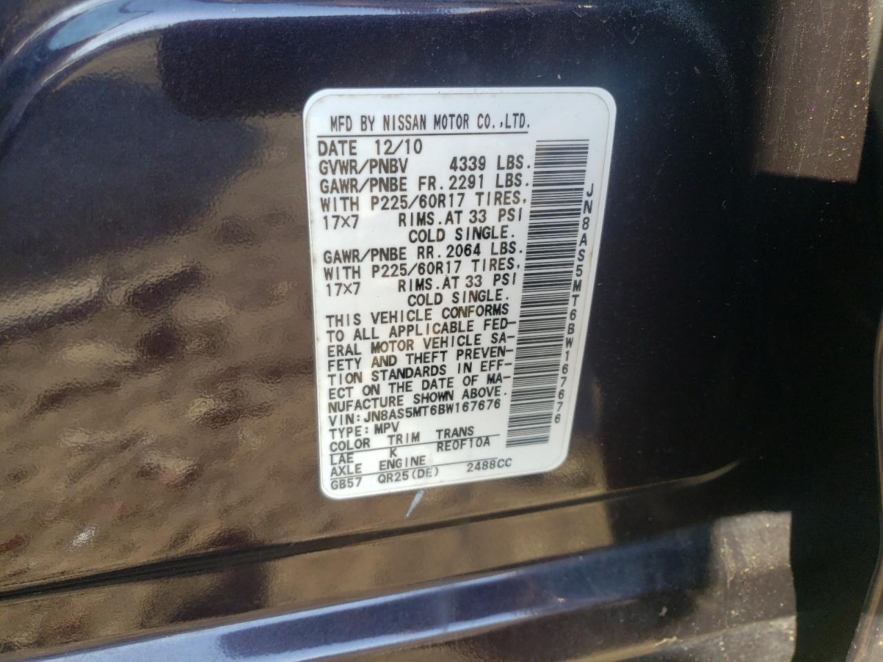 Photo 10 from auction – 2011 NISSAN ROGUE S with VIN JN8AS5MT6BW167676
