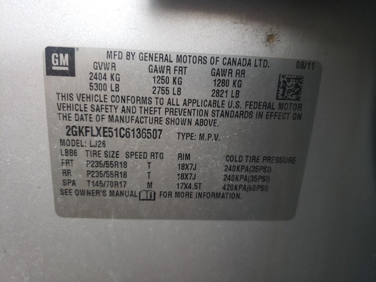 Photo 10 from auction – 2012 GMC TERRAIN SL with VIN 2GKFLXE51C6136507