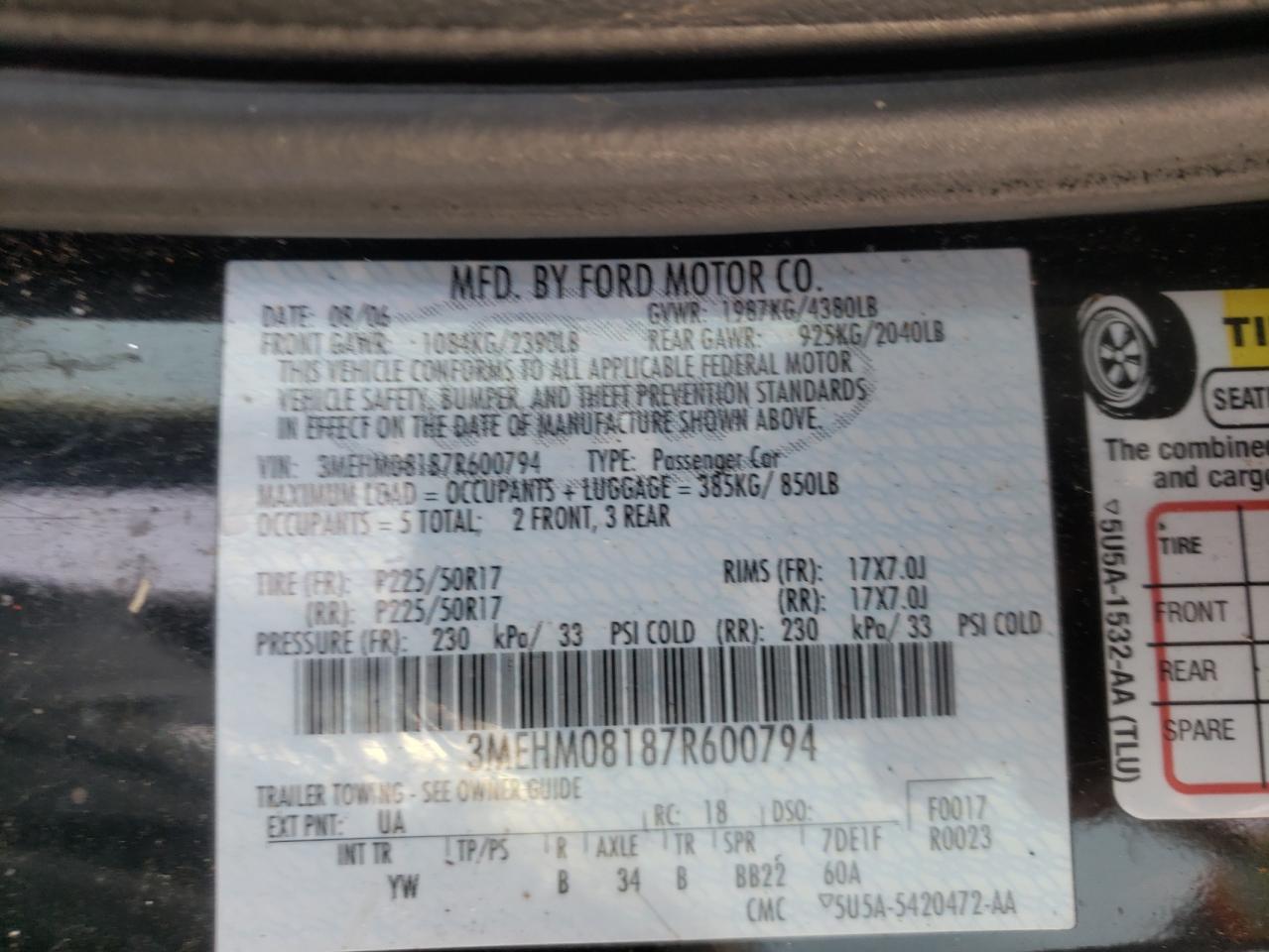 Photo 10 from auction – 2007 MERCURY MILAN PREM with VIN 3MEHM08187R600794