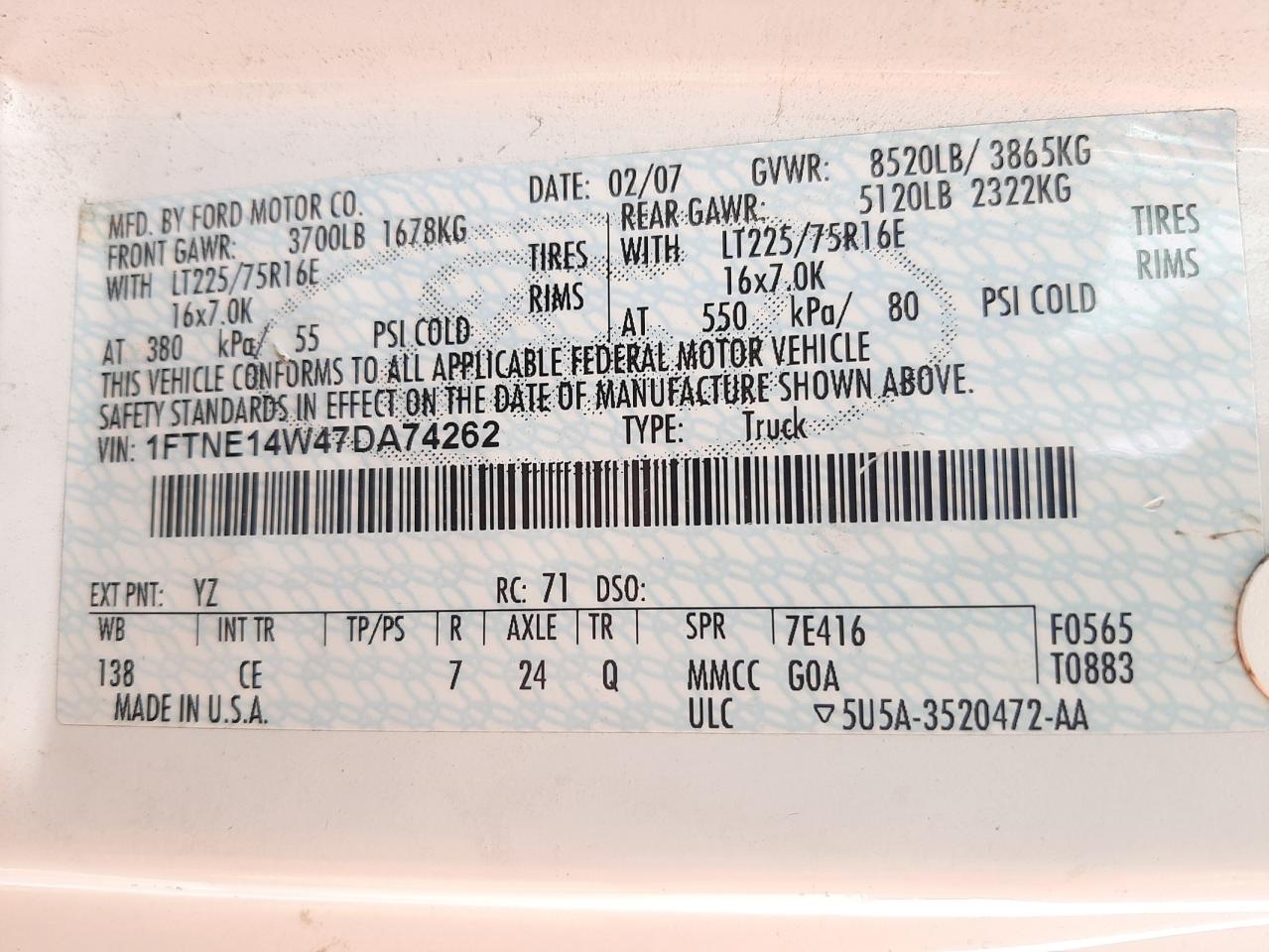 Photo 10 from auction – 2007 FORD ECONOLINE with VIN 1FTNE14W47DA74262