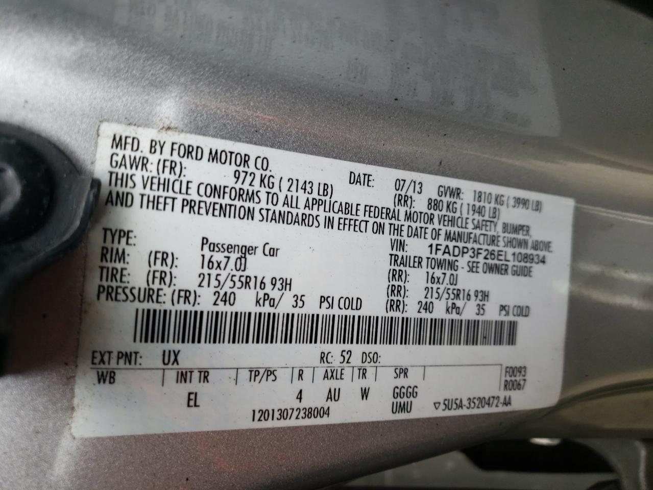 Photo 10 from auction – 2014 FORD FOCUS SE with VIN 1FADP3F26EL108934