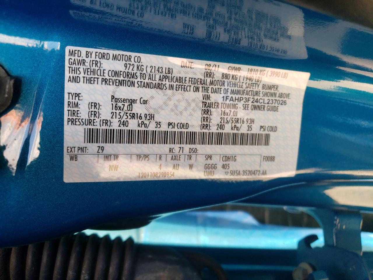 Photo 10 from auction – 2012 FORD FOCUS SE with VIN 1FAHP3F24CL237026