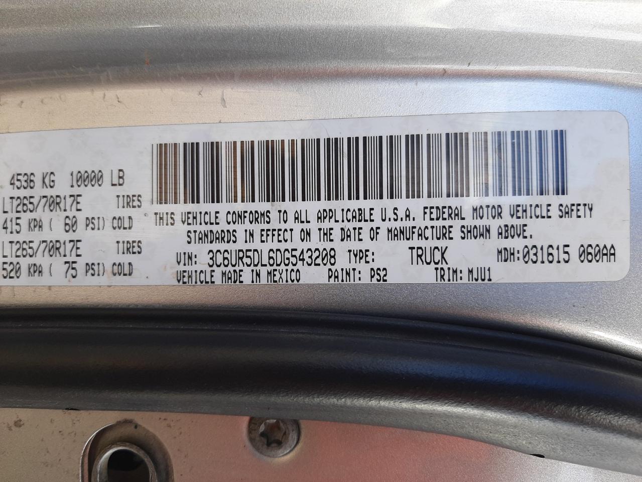 Photo 10 from auction – 2013 RAM 2500 SLT with VIN 3C6UR5DL6DG543208