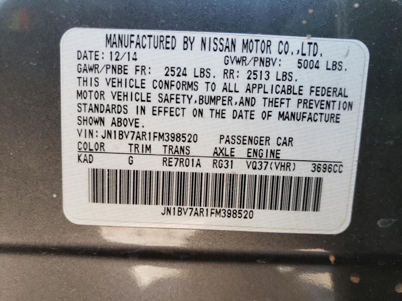 Photo 10 from auction – 2015 INFINITI Q50 BASE with VIN JN1BV7AR1FM398520