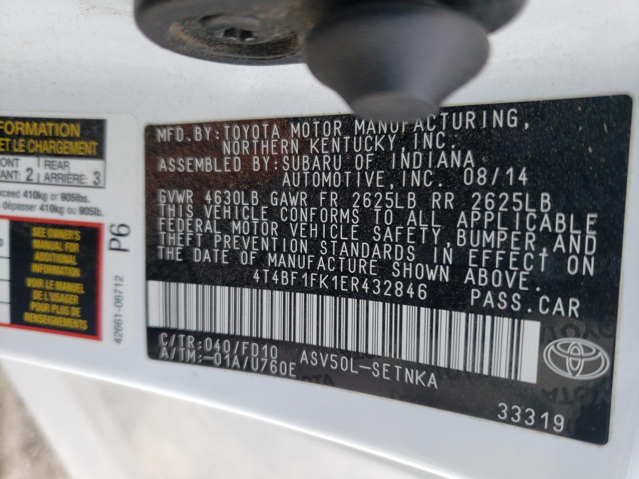 Photo 10 from auction – 2014 TOYOTA CAMRY L with VIN 4T4BF1FK1ER432846