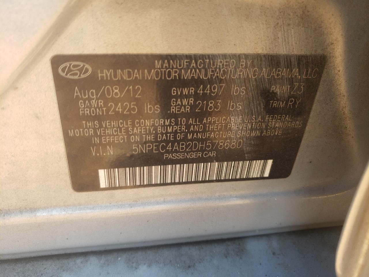 Photo 10 from auction – 2013 HYUNDAI SONATA SE with VIN 5NPEC4AB2DH578680