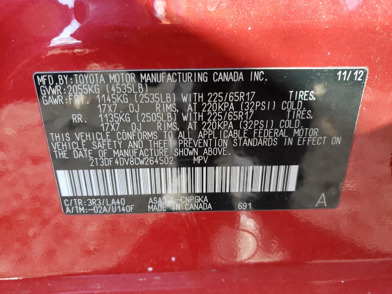 Photo 10 from auction – 2012 TOYOTA RAV4 LIMIT with VIN 2T3DF4DV8CW264502