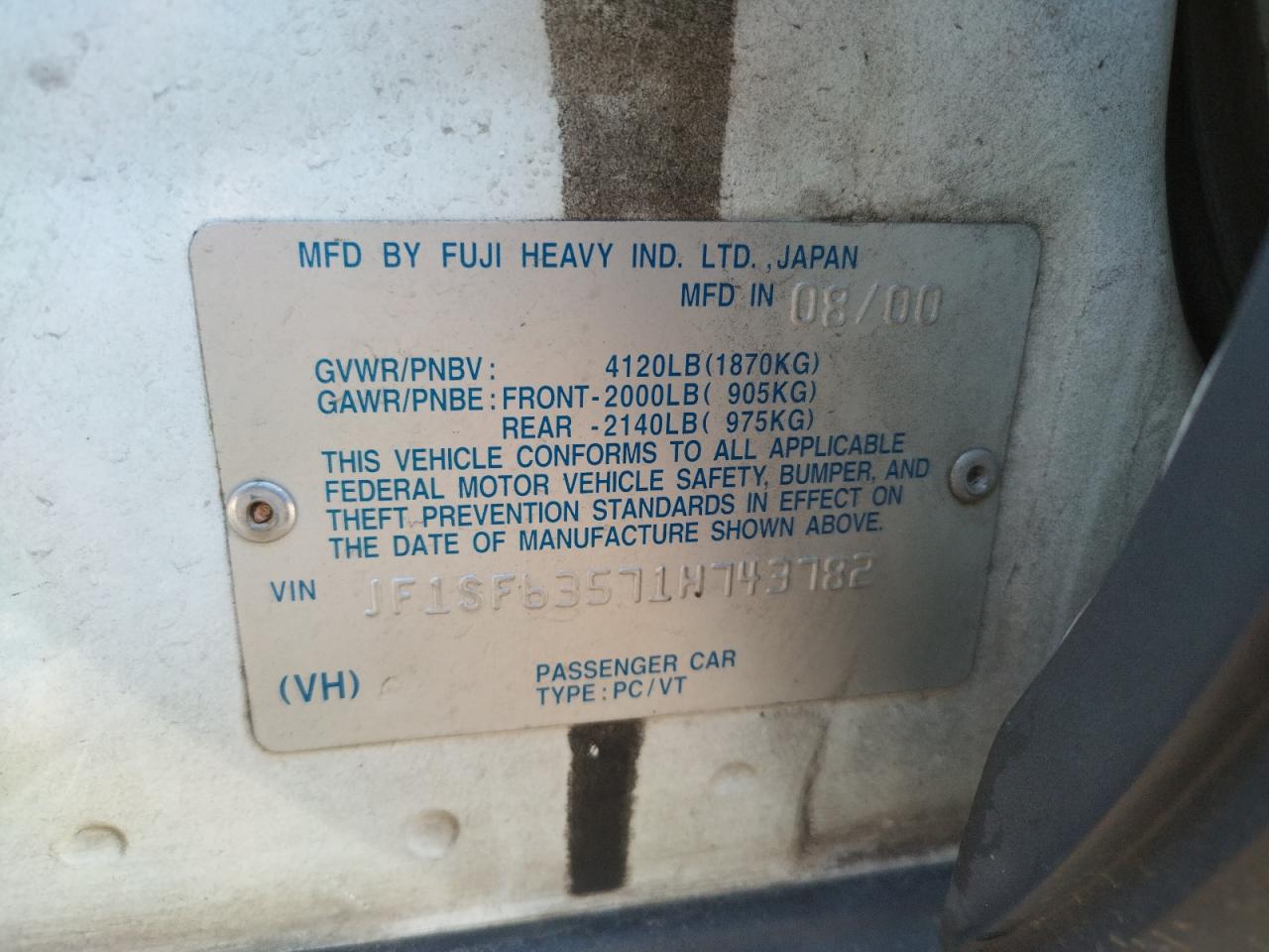 Photo 10 from auction – 2001 SUBARU FORESTER L with VIN JF1SF63571H743782