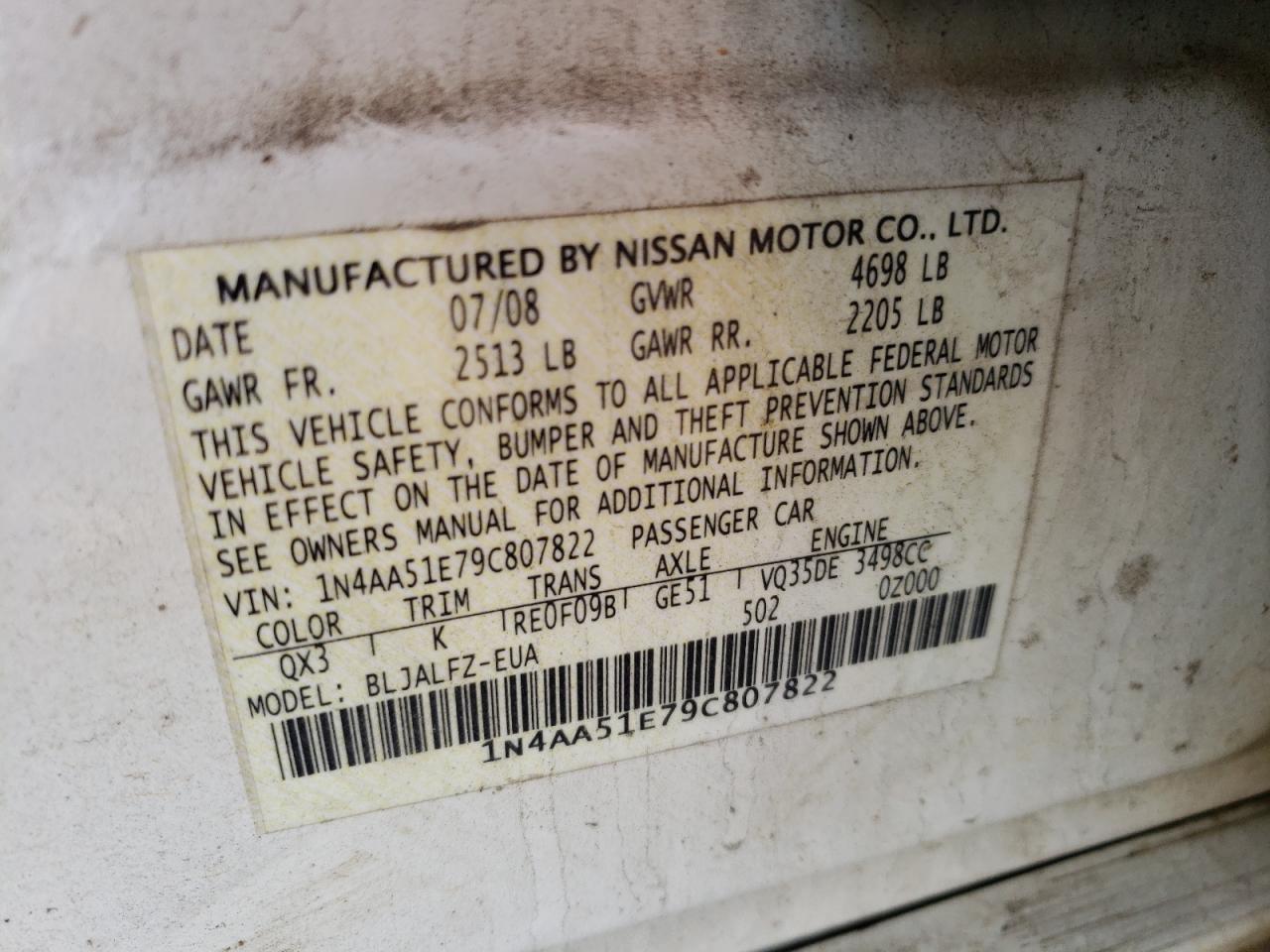 Photo 10 from auction – 2009 NISSAN MAXIMA S with VIN 1N4AA51E79C807822