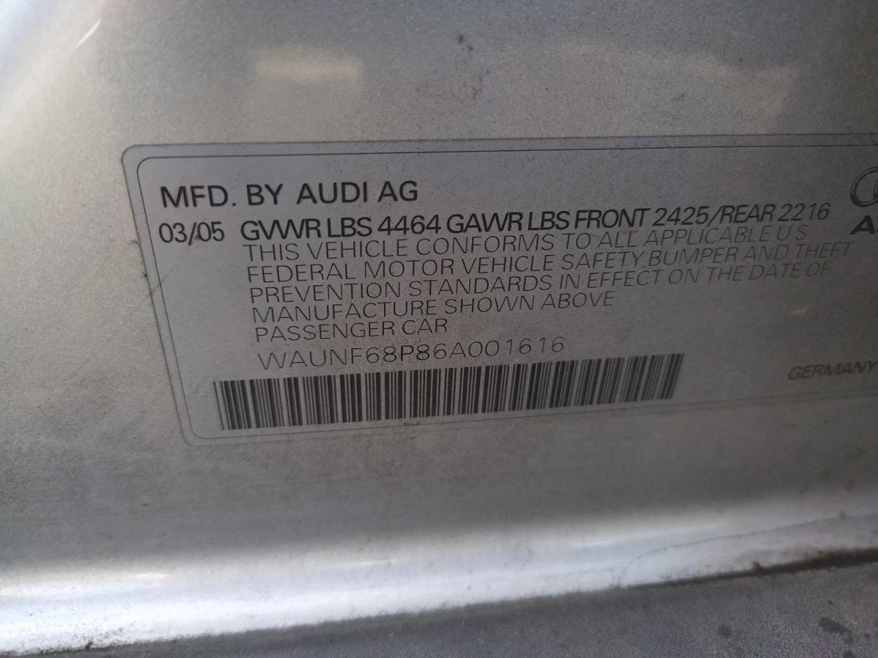 Photo 10 from auction – 2006 AUDI A3 2.0 PRE with VIN WAUNF68P86A001616