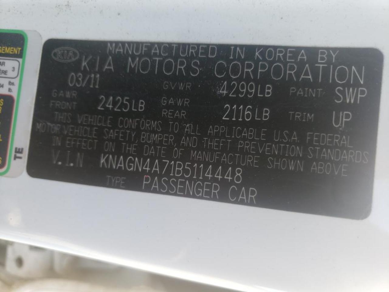Photo 10 from auction – 2011 KIA OPTIMA EX with VIN KNAGN4A71B5114448