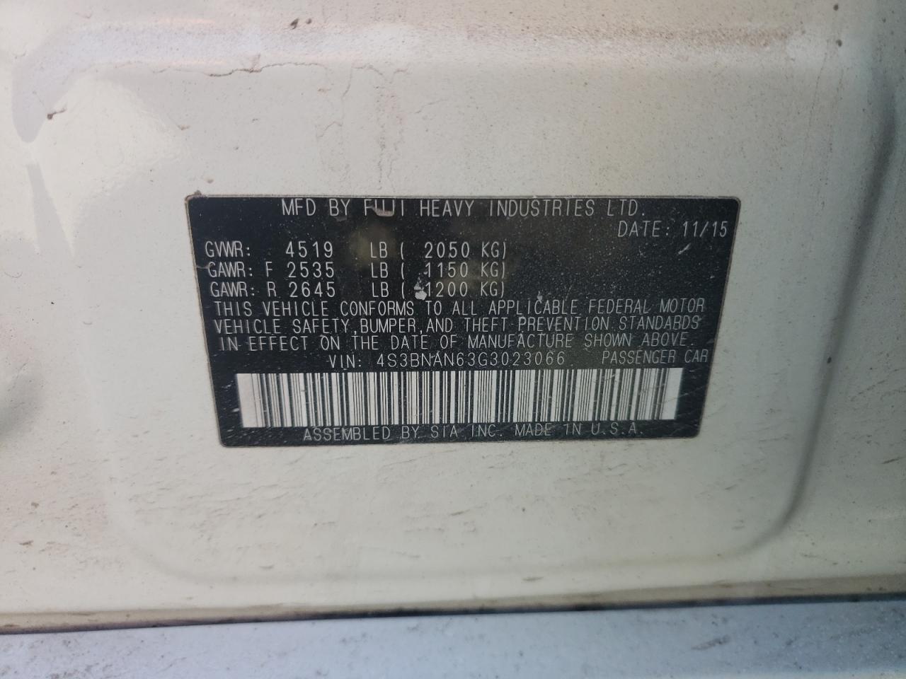 Photo 10 from auction – 2016 SUBARU LEGACY 2.5 with VIN 4S3BNAN63G3023066