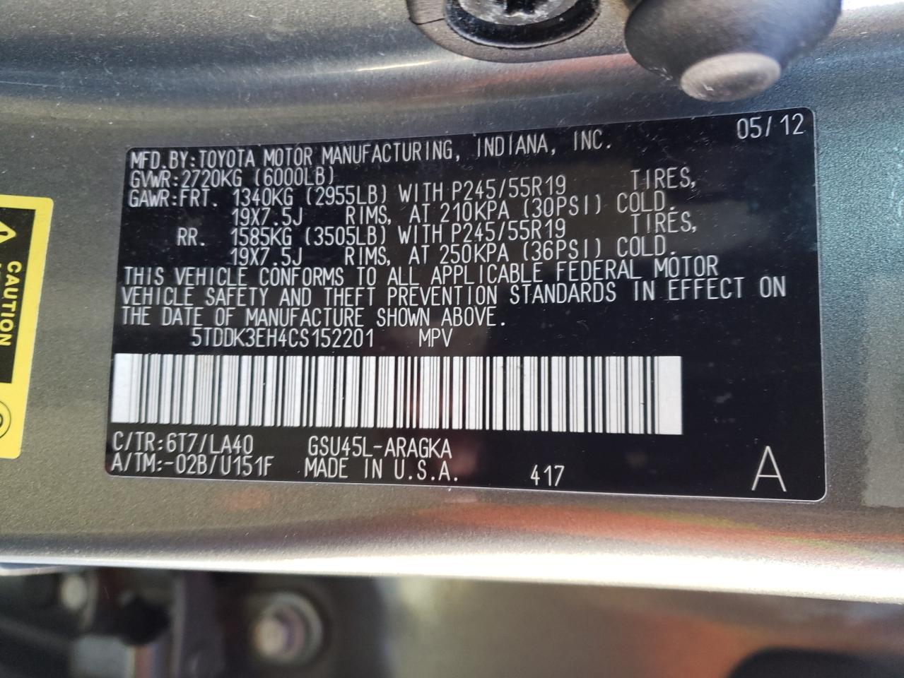 Photo 10 from auction – 2012 TOYOTA HIGHLANDER with VIN 5TDDK3EH4CS152201