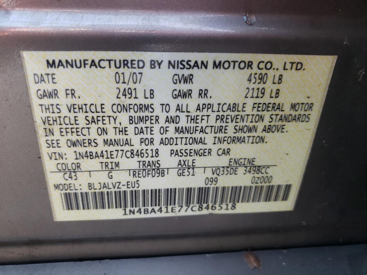Photo 10 from auction – 2007 NISSAN MAXIMA SE with VIN 1N4BA41E77C846518