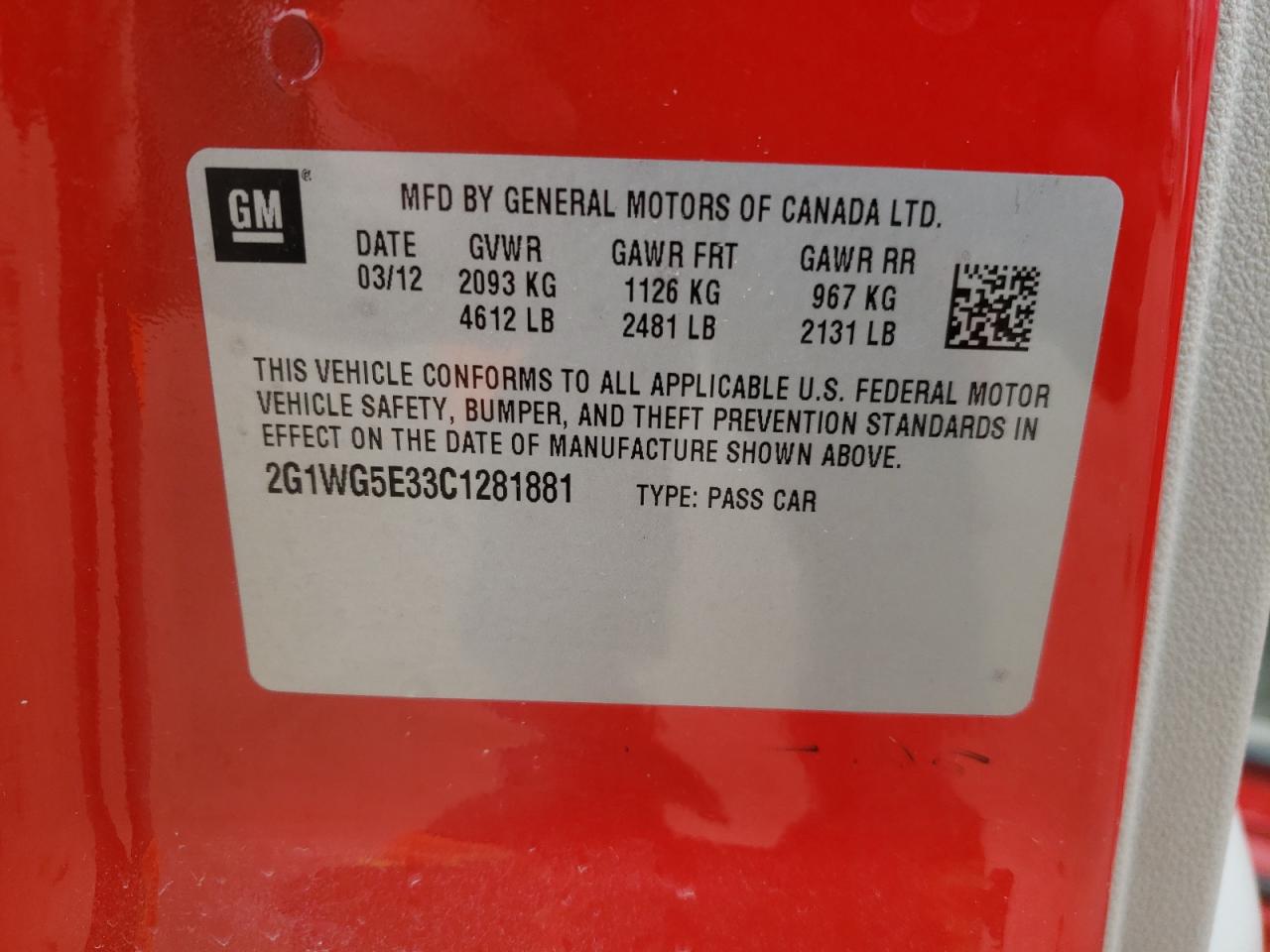 Photo 10 from auction – 2012 CHEVROLET IMPALA LT with VIN 2G1WG5E33C1281881