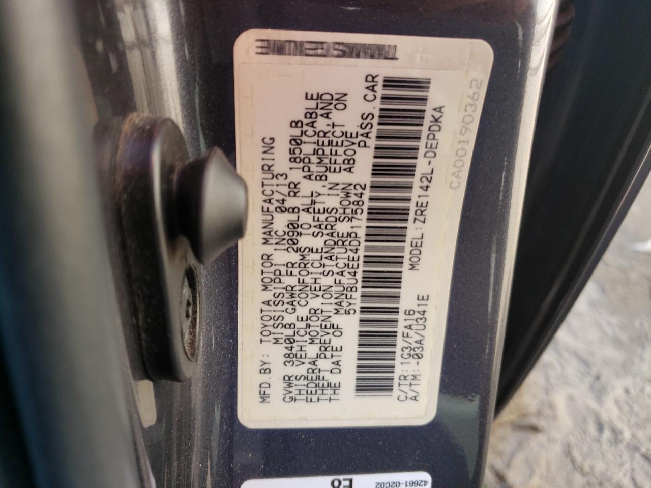 Photo 10 from auction – 2013 TOYOTA COROLAA with VIN 5YFBU4EE4DP175842