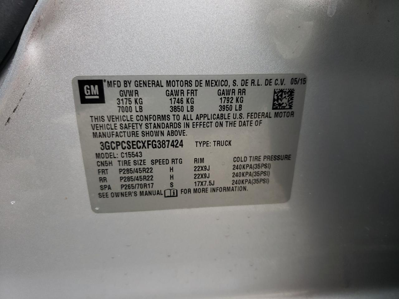 Photo 10 from auction – 2015 CHEVROLET SILVERADO with VIN 3GCPCSECXFG387424
