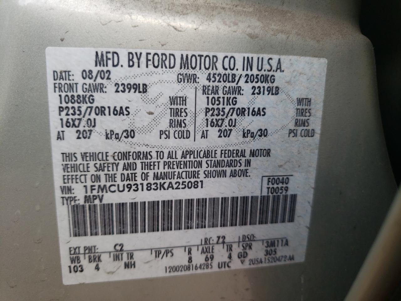 Zdjęcie 10 z aukcji – 2003 FORD ESCAPE XLT z VIN 1FMCU93183KA25081