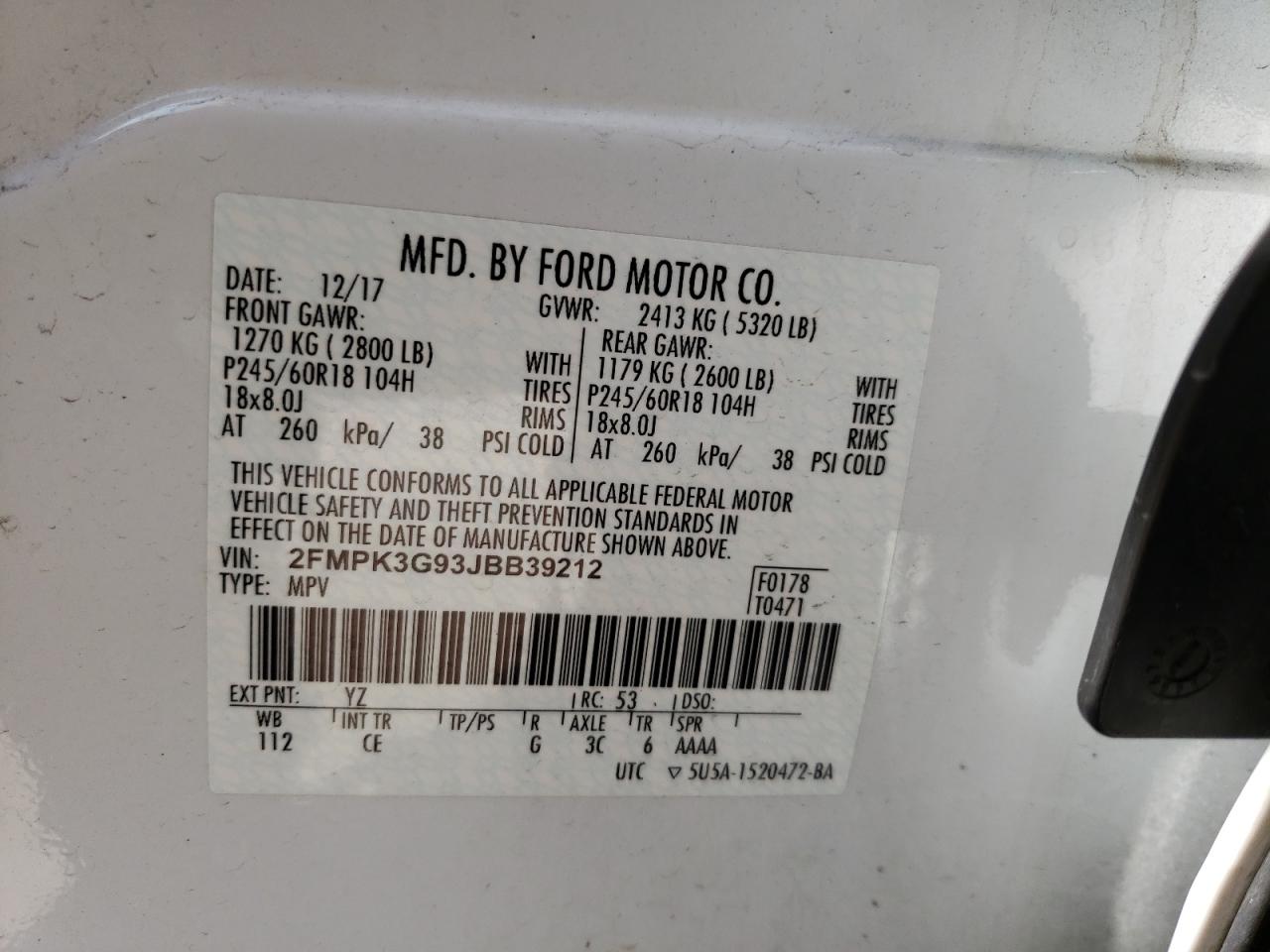 Photo 10 from auction – 2018 FORD EDGE SE with VIN 2FMPK3G93JBB39212