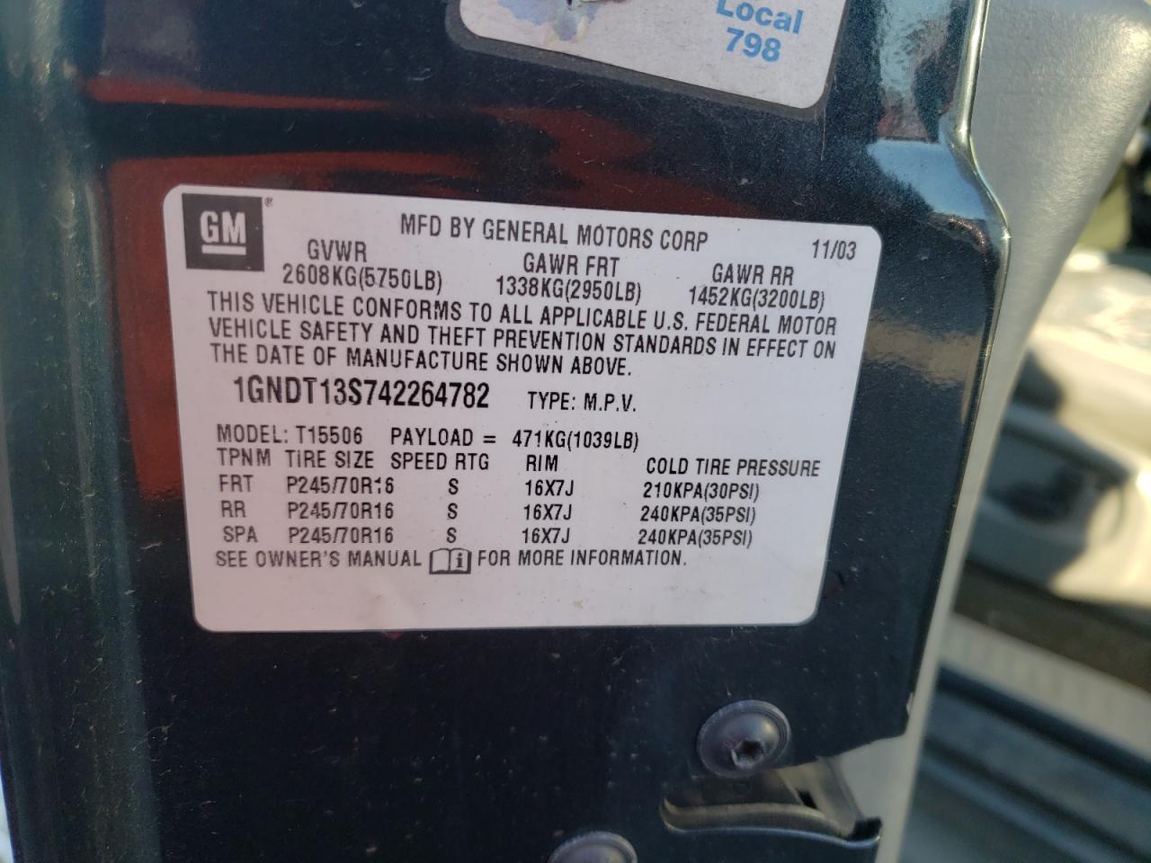 Photo 10 from auction – 2004 CHEVROLET TRAILBLAZE with VIN 1GNDT13S742264782