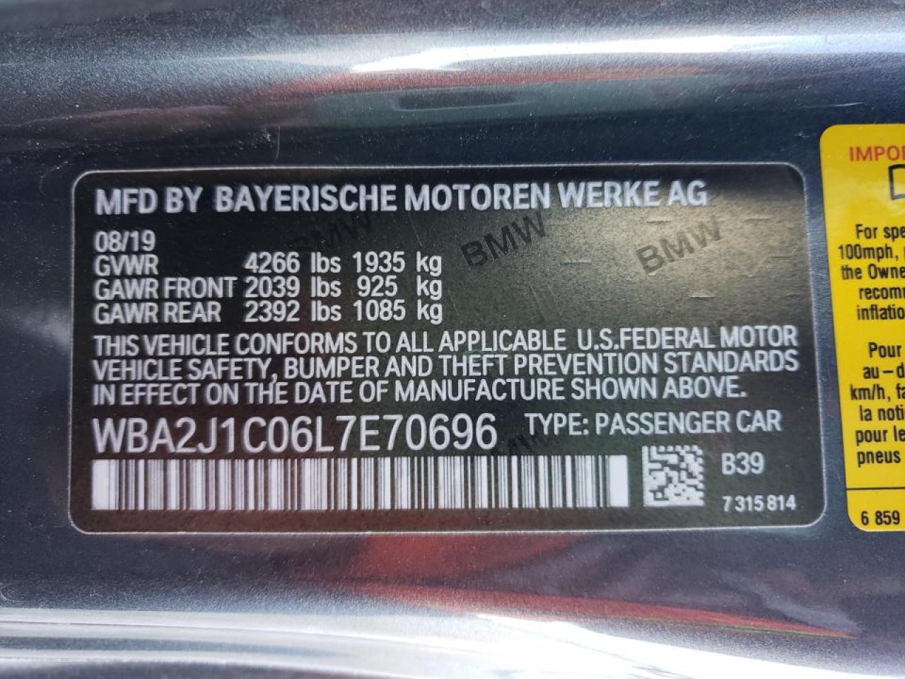 Photo 10 from auction – 2020 BMW 230I with VIN WBA2J1C06L7E70696