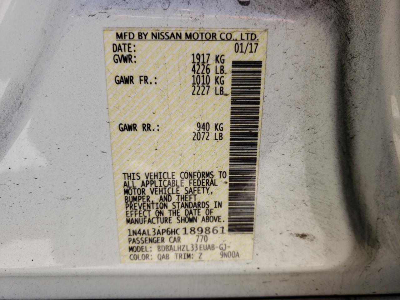 Photo 10 from auction – 2017 NISSAN ALTIMA with VIN 1N4AL3AP6HC189861