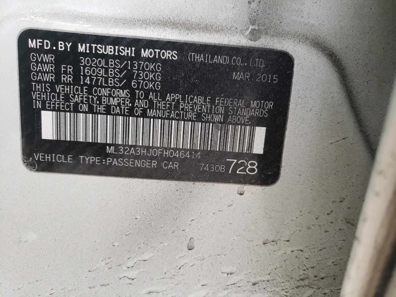Photo 10 from auction – 2015 MITSUBISHI MIRAGE DE with VIN ML32A3HJ0FH046414