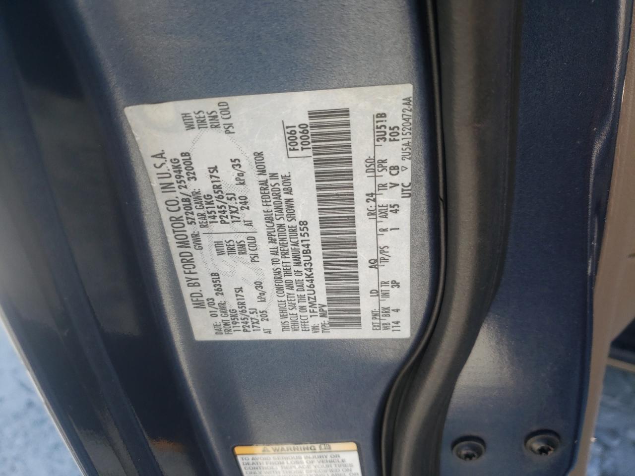 Photo 10 from auction – 2003 FORD EXPLORER E with VIN 1FMZU64K43UB41558