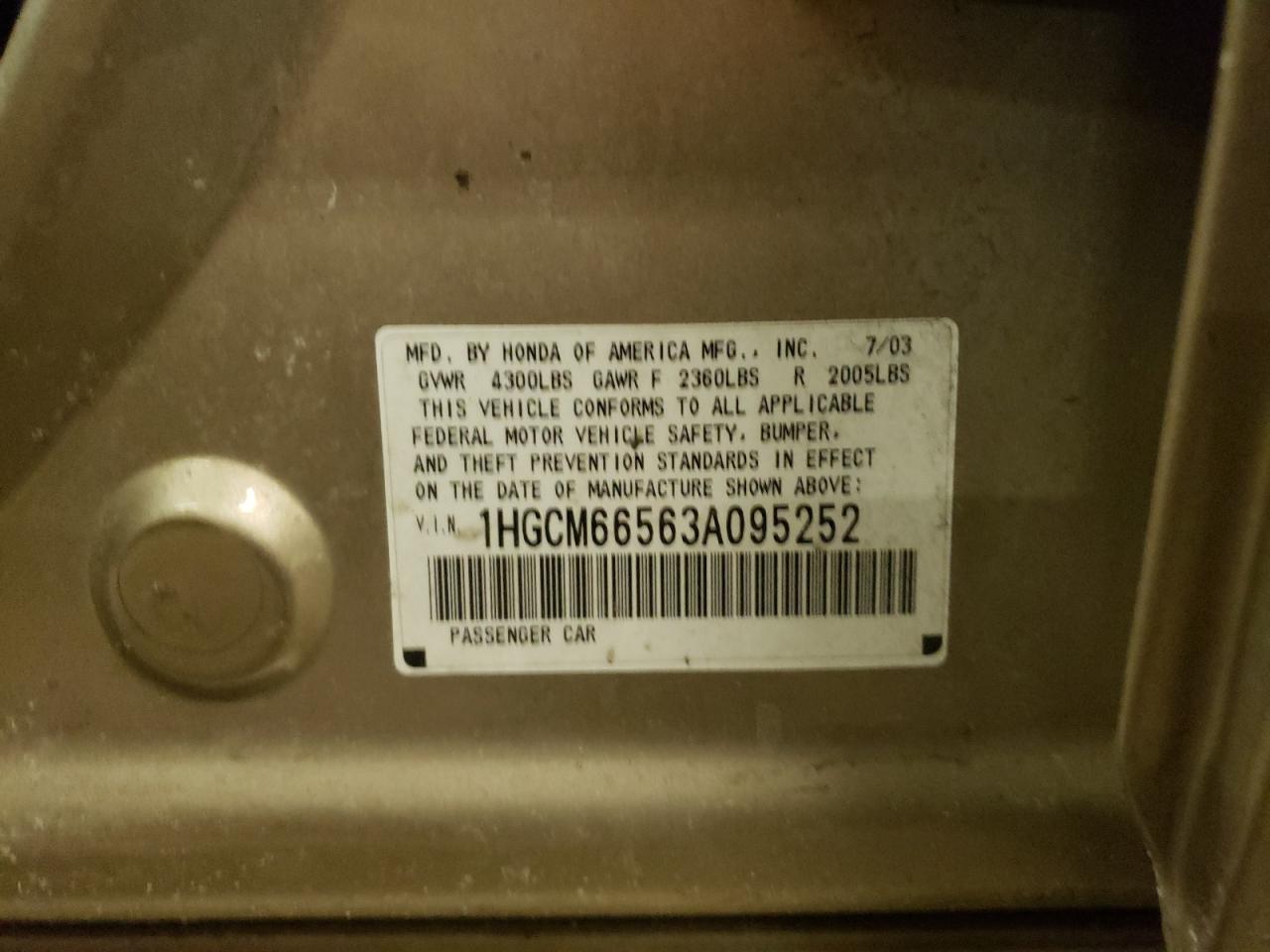 Photo 10 from auction – 2003 HONDA ACCORD with VIN 1HGCM66563A095252
