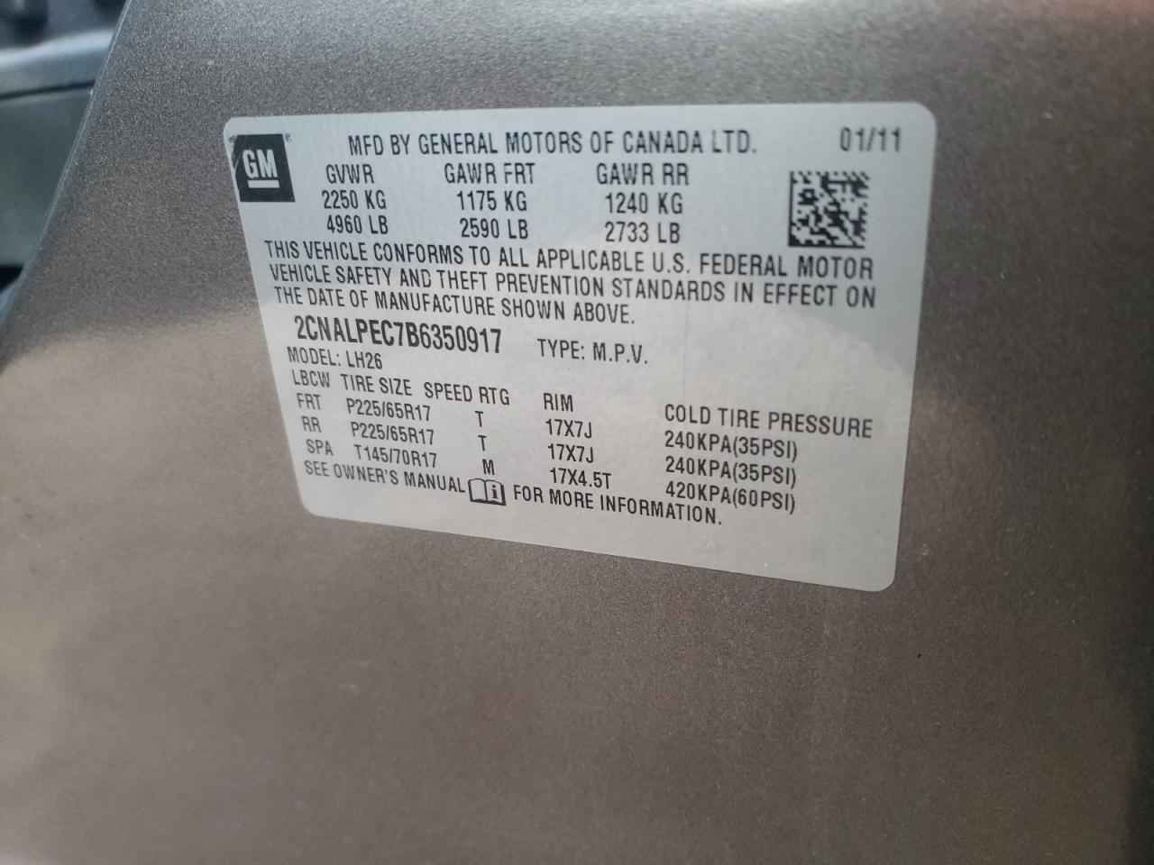 Photo 10 from auction – 2011 CHEVROLET EQUINOX LT with VIN 2CNALPEC7B6350917